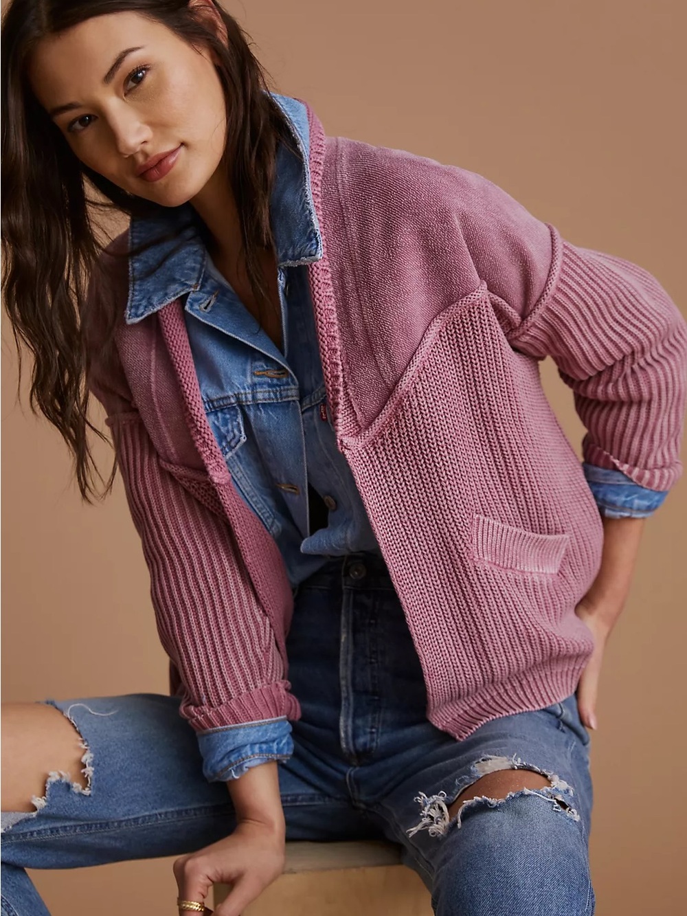 Pilcro Acid Wash Rose Pink Knit Cardigan